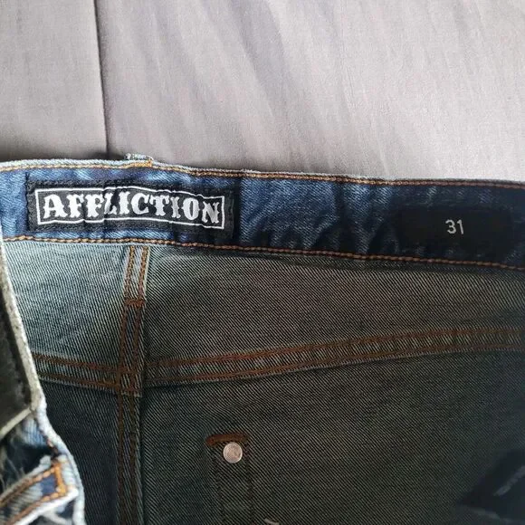 Affliction Jeans Mens Size 31x32 Ace Distressed Blue Dark Washed Y2K Denim - Picture 5 of 10
